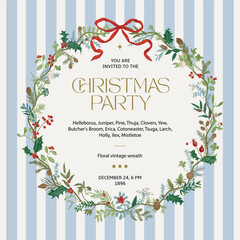 The Floral vintage wreath with blue stripes and red bow. Christmas party. Greeting floral card.