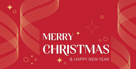 Happy Holidays, minimalist banner concept with golden rays on a red background. Merry Christmas and Happy New Year elegant greeting cards, social media post or invitation vector design.