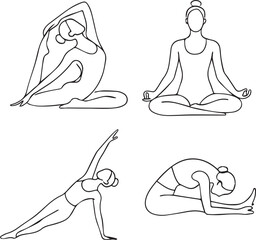 Female figure performing yoga poses in minimalist line art style. Clean vector illustration on white background, ideal for wellness, fitness, meditation, and lifestyle projects.
