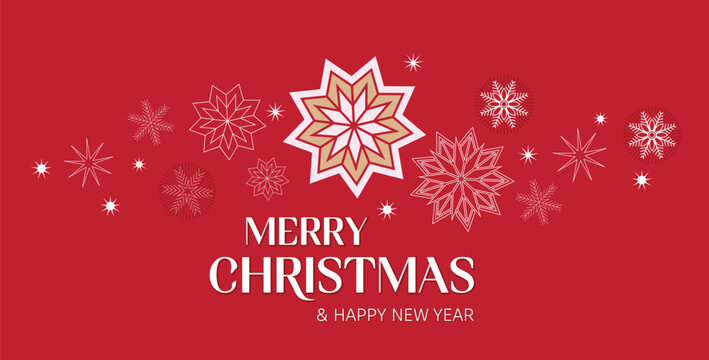 Happy Holidays: A minimalist banner concept with golden and white snowflakes and Christmas stars. Merry Christmas and Happy New Year greeting cards, social media posts, or invitation designs.