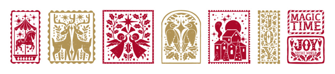 Christmas postal stamp set, hand drawn New Year sticker print, winter holiday mail postcard design. Celebration vintage red tag graphic, doodle retro traditional folk badge. Christmas stamp logo art
