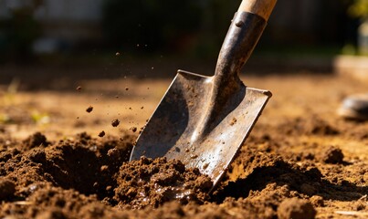 A close-up shot of a shovel digging into rich, dark soil with dirt flying up, emphasizing gardening and labor