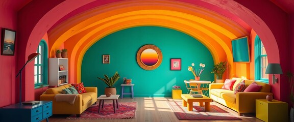 Obraz premium Rainbow-hued walls, vibrant furniture, playful decor, multicolored, bright