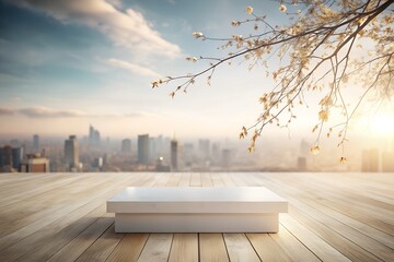 Outdoor wooden platform or stage with a white rectangular pedestal in the foreground, overlooking a hazy cityscape with skyscrapers under a bright, cloudy sky with tree branches in bloom, suggesting 