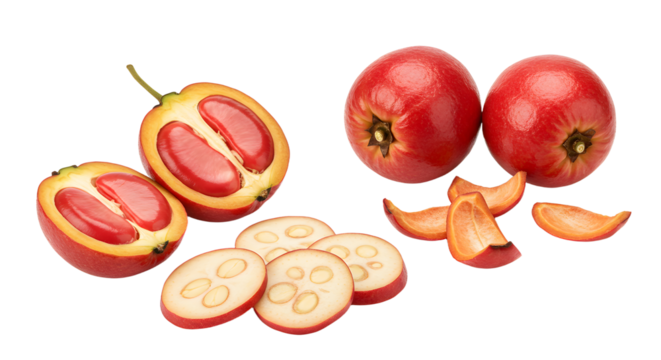 Fresh camu camu fruit with slices showcasing bright red interior and seeds, isolated on white background, perfect for healthy food and tropical fruit themes