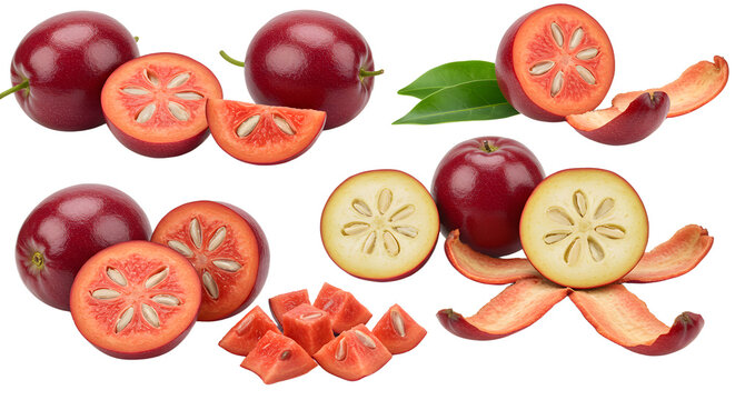 Fresh gac fruit with vibrant red pulp and seeds isolated on white background, perfect for healthy lifestyle or tropical fruit topics