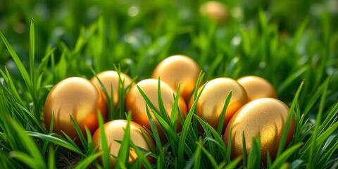 Several gleaming golden Easter eggs nestled amongst vibrant green spring grass,  texture,  field