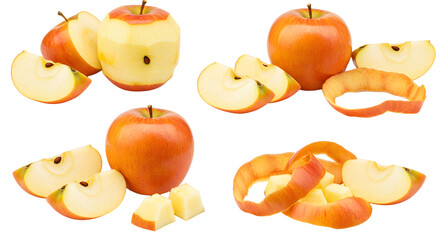 Fresh red apples with slices, cubes, and peelings on white background, perfect for healthy eating and cooking