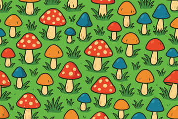 Seamless pattern of colorful cartoon mushrooms and green grass in a whimsical forest design