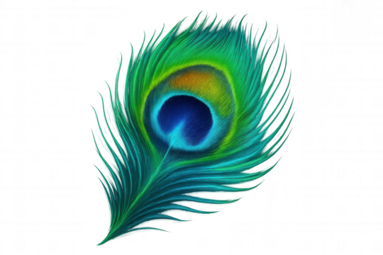 Vibrant peacock feather icon displaying iridescent blue and green eye pattern on transparent background - Powered by Adobe