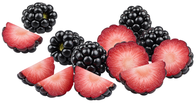 Fresh ripe blackberries and sliced red strawberries isolated on white background, healthy fruit concept perfect for food blogs and nutrition articles