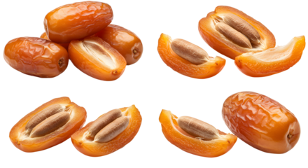 Fresh ripe medjool dates with seeds isolated on white background, healthy organic snack perfect for cooking and baking