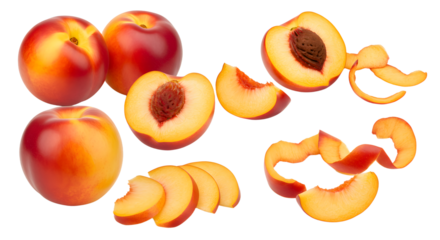 Fresh ripe peaches with slices and peel isolated on white background, healthy fruit for cooking and snacking