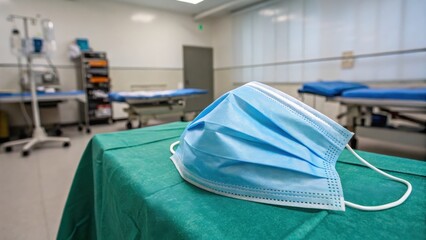 Medical mask on green table in hospital environment highlighting healthcare settings