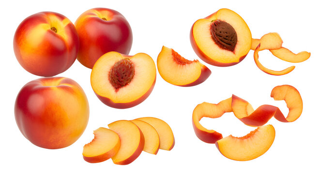 Fresh ripe peaches with slices and peel isolated on white background, healthy fruit for cooking and snacking