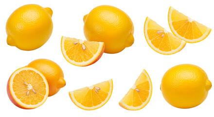 Fresh whole and sliced lemons isolated on white background, juicy citrus fruit for cooking and healthy eating