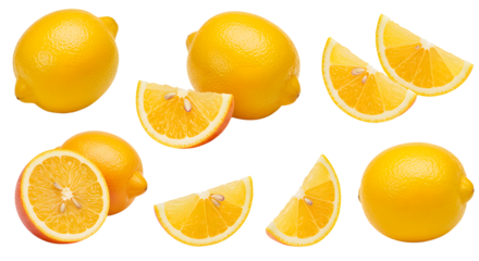 Fresh whole and sliced lemons isolated on white background, juicy citrus fruit for cooking and healthy eating