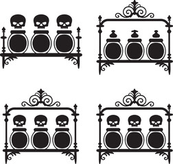 Spooky Halloween Decoration with Skull Topped Jars on Ornate Shelves Silhouette Illustration for Festive Design Projects and Celebrations