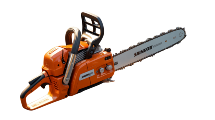 Orange chainsaw with silver blade on a black background