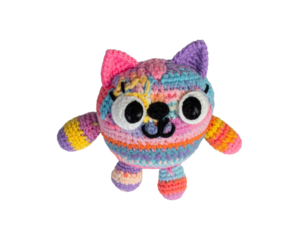 cute handmade crochet monster cat toy, colorful yarn, isolated on transparent background, png