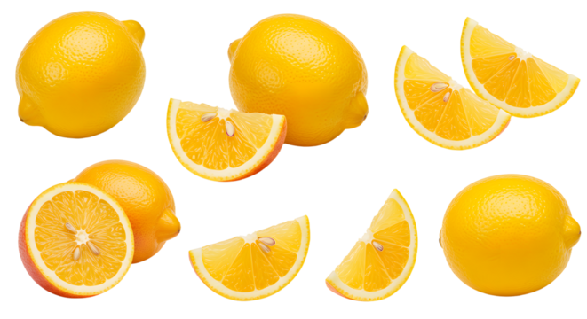 Fresh whole and sliced lemons isolated on white background, juicy citrus fruit for cooking and healthy eating