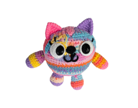 cute handmade crochet monster cat toy, colorful yarn, isolated on transparent background, png
