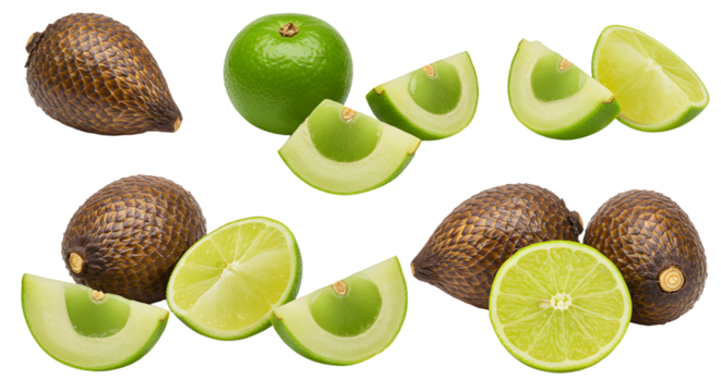Fresh whole and sliced snake fruit salak with lime wedges isolated on white background, healthy tropical fruit for cooking and snacking
