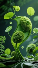 Abstract green plant with spherical moss-like structures and floating leaves in a lush environment