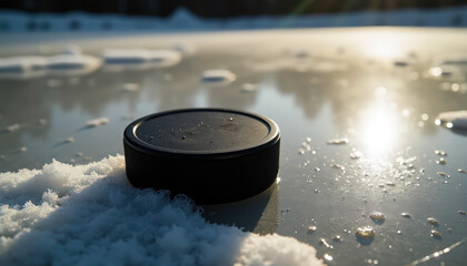 Hockey puck on frozen lake. Outdoor hockey game. Winter sport training. Ice rink recreation activity.