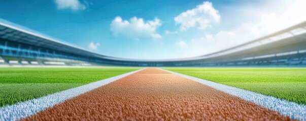 A Captivating View of a Well-Maintained Athletic Track Set Against a Bright Blue Sky and Lush Green Grass in a Large Sports Stadium