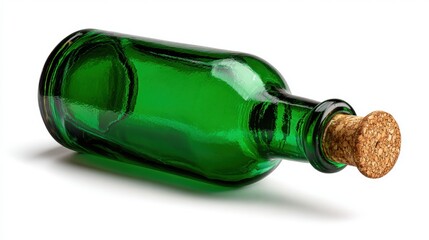 Empty green glass bottle with cork stopper lying horizontally on white background, perfect for vintage beverage, oil, or decorative storage concepts