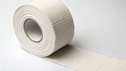 Roll of white adhesive fabric tape on a smooth surface