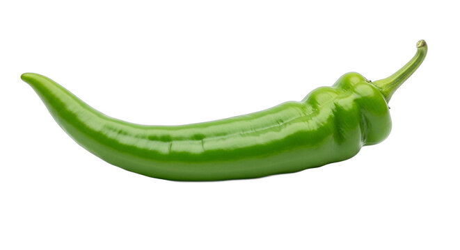 A single fresh green chili pepper with a stem isolated on a white background. PNG Transparent