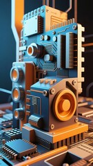 Close-up of a futuristic electronic module with integrated circuits and mechanical components
