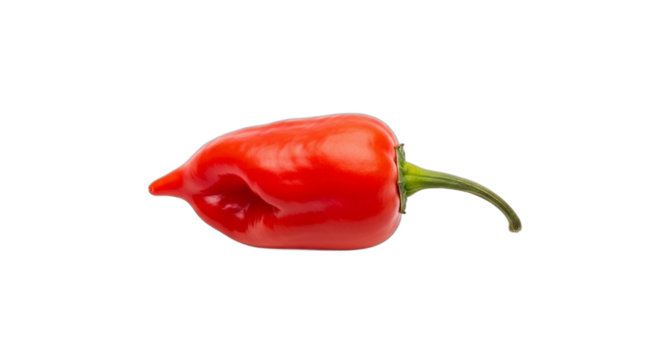 A single fresh vibrant red habanero chili pepper with a green stem. PNG Transparent