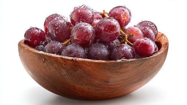 Fresh red grapes with water droplets in a wooden bowl on a white background, perfect for healthy eating and organic fruit concepts