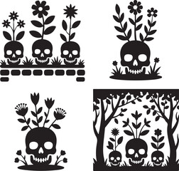 Spooky Skull Garden Black and White Illustration of a Skull Garden Perfect for Halloween Designs and Gothic Themes