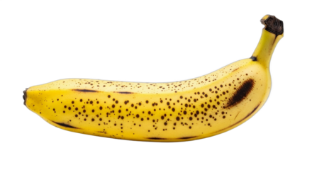 A single ripe yellow banana with brown sugar spots 1. PNG Transparent