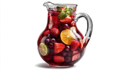 Refreshing fruit sangria in glass pitcher with strawberries, grapes, citrus slices, and mint leaves, isolated on white background