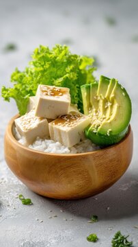Healthy vegan bowl with tofu, avocado, lettuce and rice