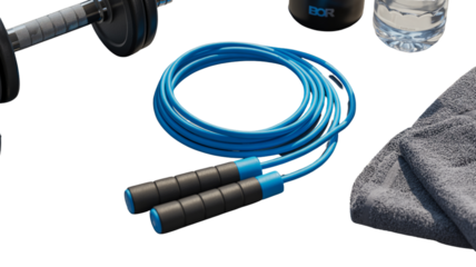 Blue jump rope coiled on a dark background with gym equipment