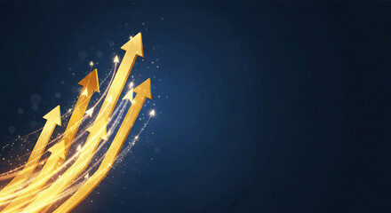Image of group golden arrow pointing upward, surrounded by light trails, suggesting upward trajectory, progress, success, improvement, in business, finance