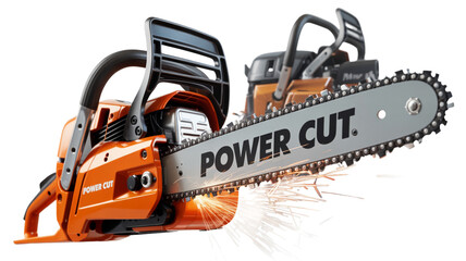 Fototapeta premium Powerful orange chainsaw with sparks flying from the blade