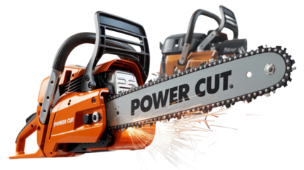 Powerful orange chainsaw with sparks flying from the blade