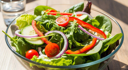Fresh and colorful salad with lettuce, tomato, cucumber, onion and pepper