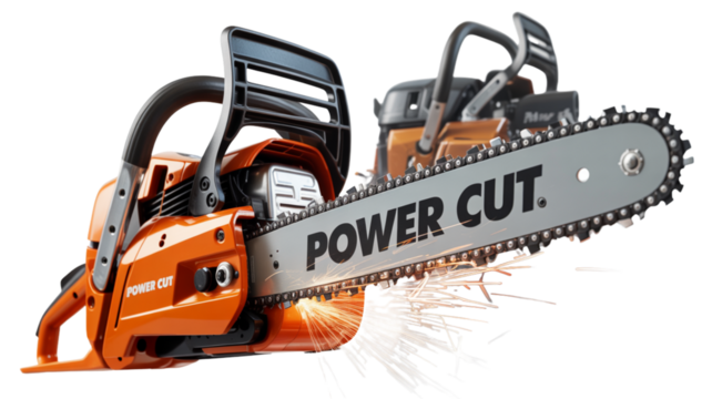 Powerful orange chainsaw with sparks flying from the blade