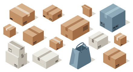Fototapeta premium Variety of isometric cardboard and shipping boxes with shopping bag