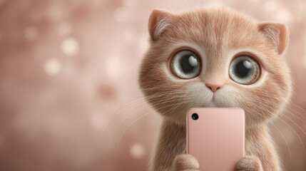 Cute cartoon kitten holding pink smartphone