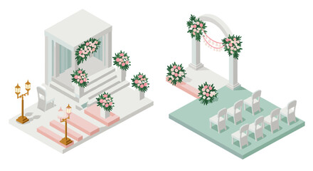 Elegant wedding ceremony setup with floral decorations and seating arrangement