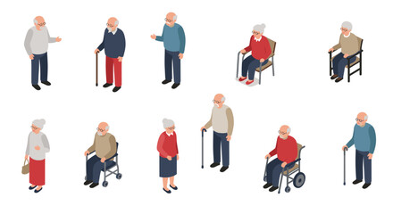 Isometric elderly people collection: seniors in various poses and activities on white background